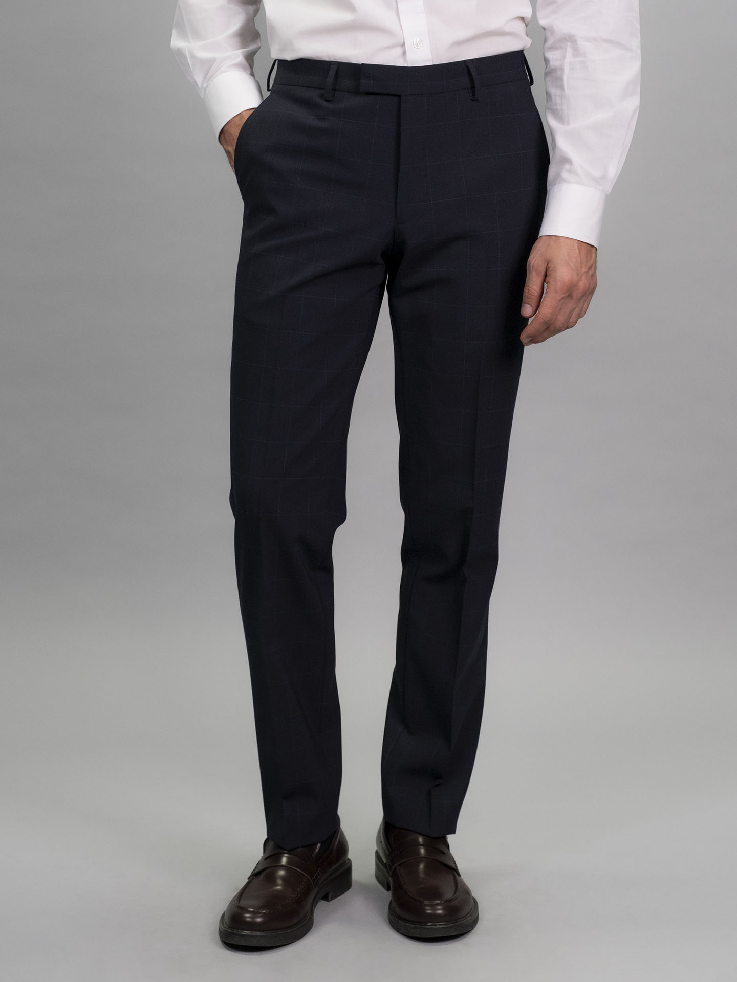Tailored Fit Navy Blue Stretch check Trousers
