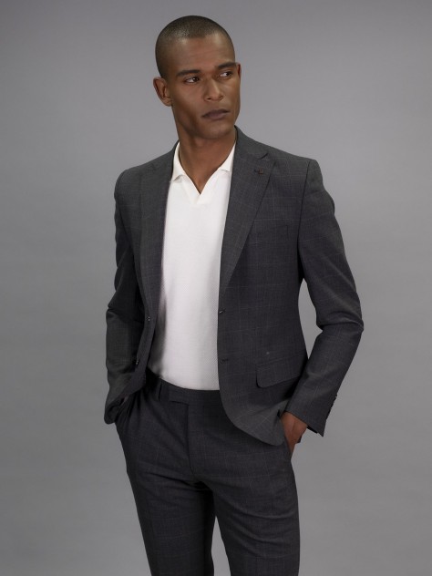 Slim Fit Grey Check Stretch Wool Blend Suit