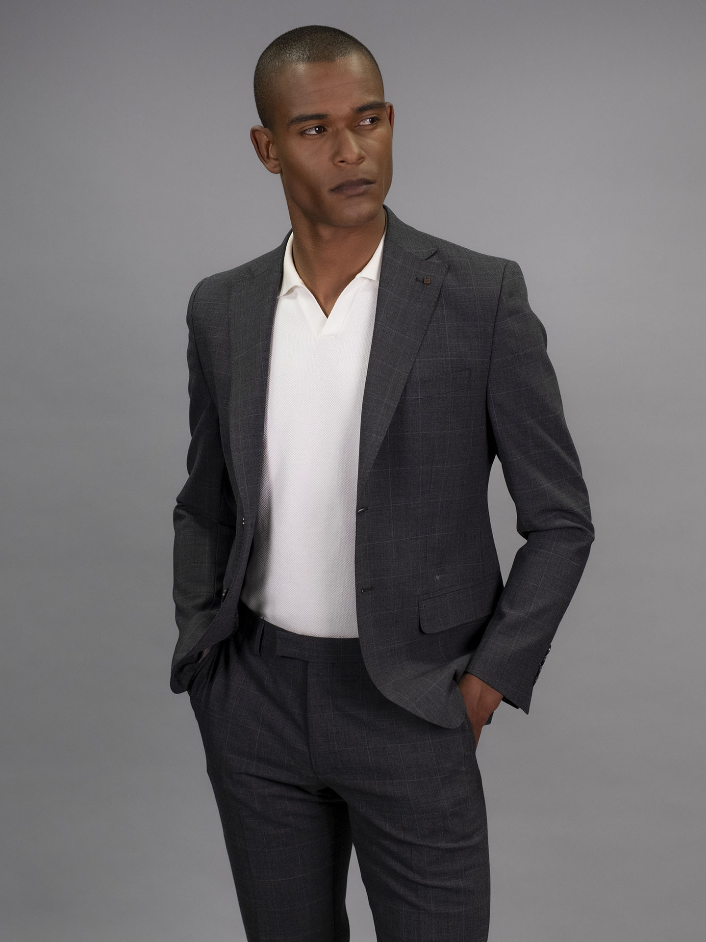 Slim Fit Grey Check Stretch Wool Blend Suit