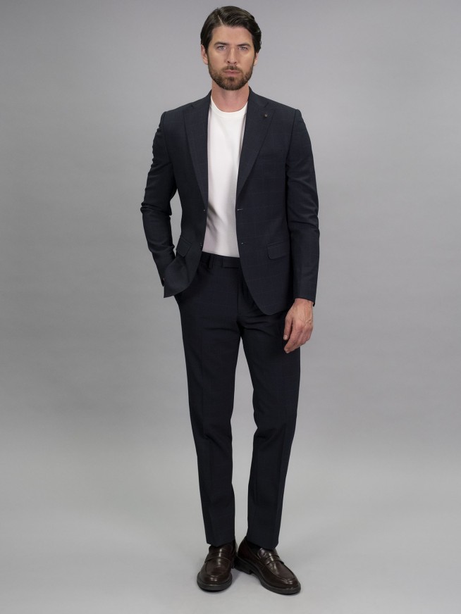 Slim Fit Blue Check Stretch Wool Blend Suit