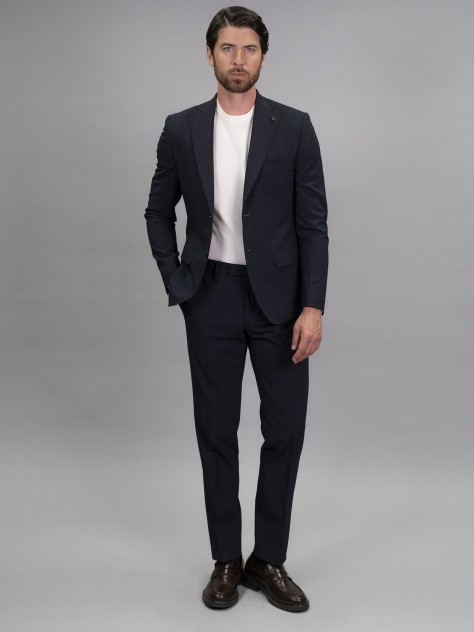 Slim Fit Blue Check Stretch Wool Blend Suit