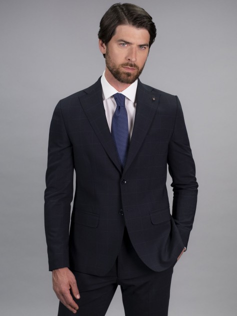 Slim Fit Blue Check Stretch Wool Blend 3 Pieces Suit