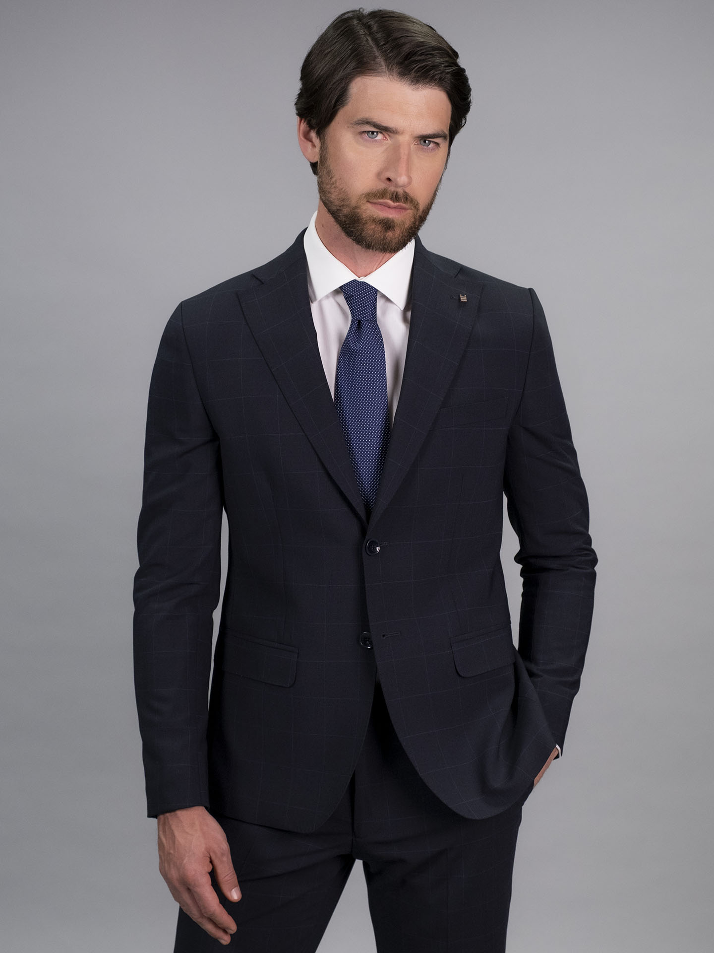 Slim Fit Blue Check Stretch Wool Blend 3 Pieces Suit