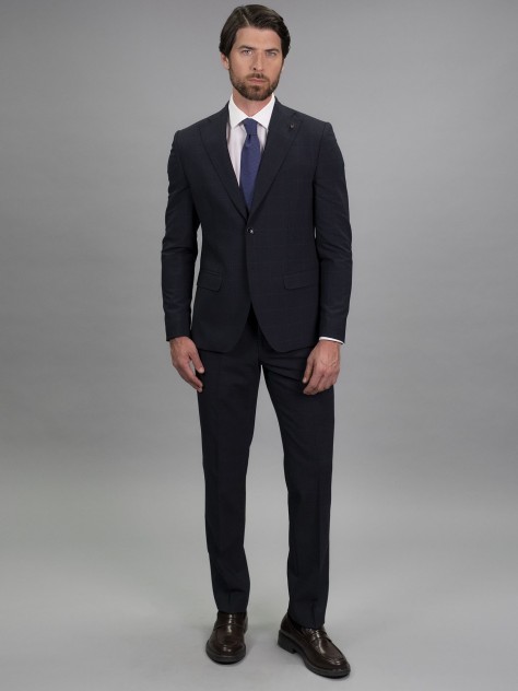 Slim Fit Blue Check Stretch Wool Blend 3 Pieces Suit