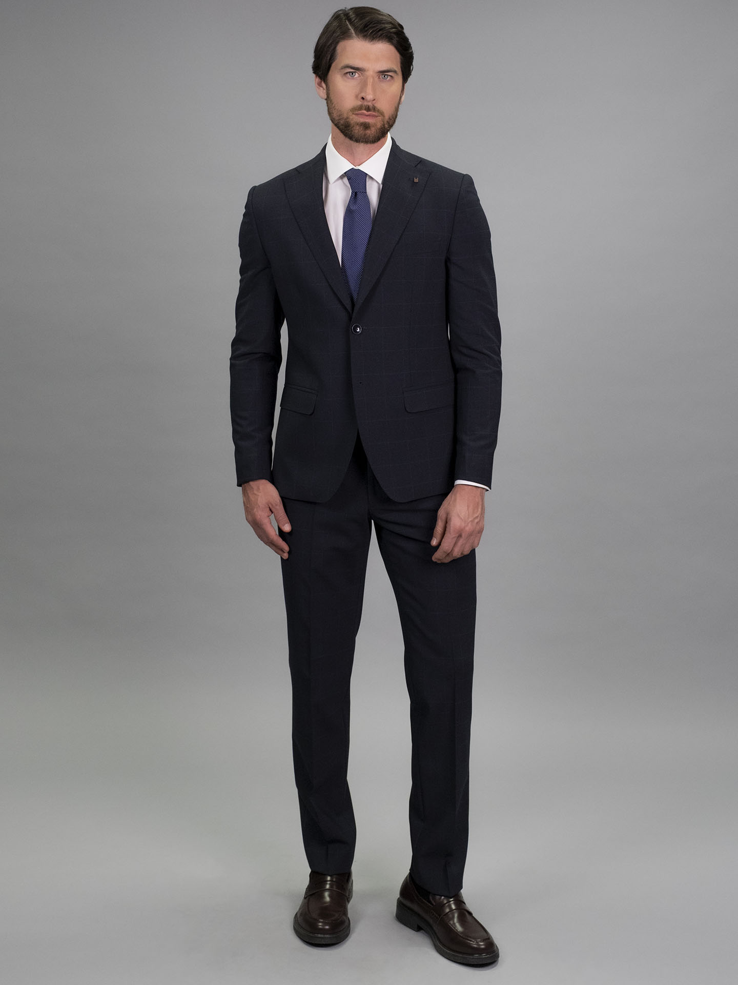 Slim Fit Blue Check Stretch Wool Blend 3 Pieces Suit