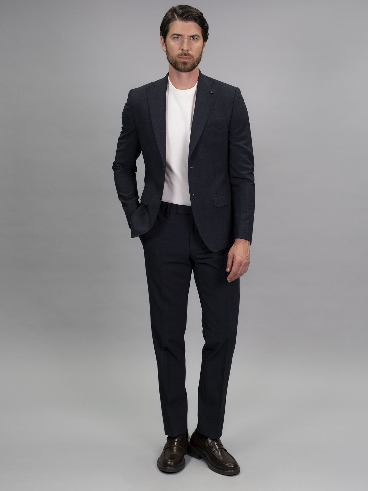 Slim Fit Blue Check Stretch Wool Blend Suit