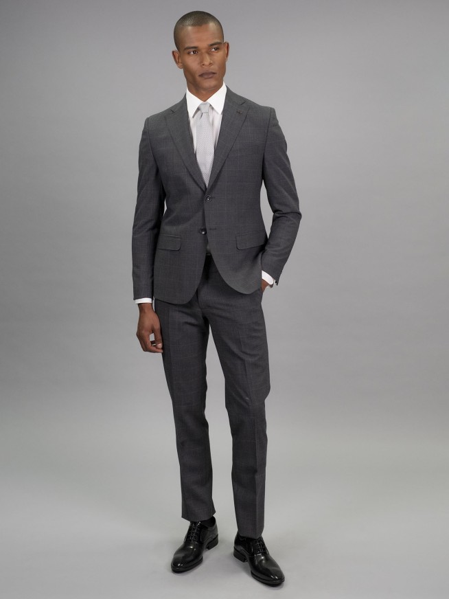 Slim Fit Grey Check Stretch Wool Blend Suit