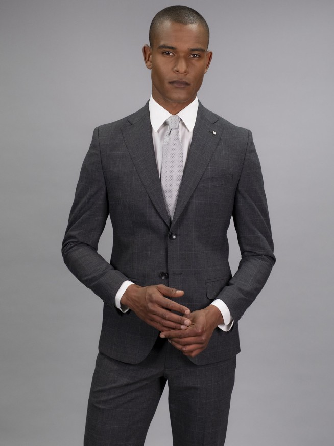 Slim Fit Grey Check Stretch Wool Blend Suit